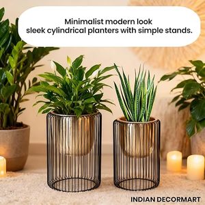 Modern Metal <b>Flower</b> Pots With Black <b>Wire</b> Cage Design For Indoor Plants Minimalist Style Gold Finish Planter Set - Product Image 3