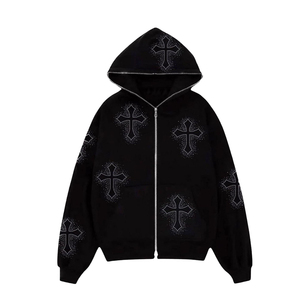 <b>Black</b> Winter 100% Cotton Casual Oversized <b>Zip</b>-<b>Up</b> <b>Hoodie</b> with Letter Pattern 500gsm Unisex Custom Embroidery - Product Image 1