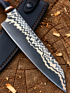 Couteau de chef artisanal en acier damas cuivré avec manche en bois d'olivier et résine, embout en cuivre et étui en cuir de qualité supérieure - Product Image 5