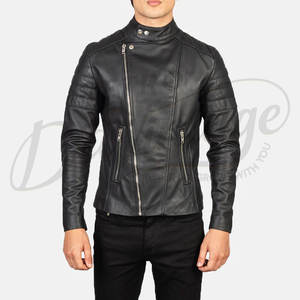 Veste de motard en cuir noir de qualité supérieure pour homme, coupe ajustée, fermeture éclair asymétrique, veste moto avec épaulettes rembourrées, veste décontractée en cuir véritable - Product Image 3