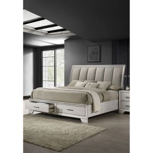 Cama King Size Ultra Acolchada con Plataforma de Almacenamiento, Acabado Blanco Niebla, Cabecera Tapizada de Madera Sólida, Dos Cajones de Almacenamiento en el Pie de Cama, 1 Pieza - Product Image 2