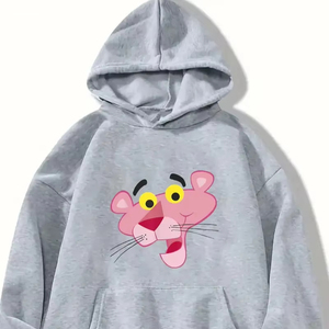 Sudadera con Capucha para Mujer con Estampado de Pantera Rosa, Gris, de Algodón Tejido, Estilo Casual Otoñal, con Bolsillo Frontal con Logotipo - Product Image 1