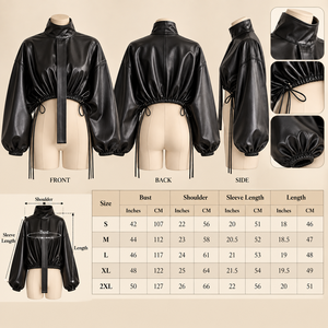 Women PU <b>Leather</b> Blouson Jacket Stand Collar Lantern Sleeve Lace Up Closure <b>Short</b> Length Autumn Style - Product Image 4