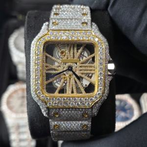 Montre de luxe en or rose avec cadran romain blanc entièrement sertie de pierres, mouvement mécanique Miyota, acier inoxydable, verre saphir, entièrement sertie de pierres - Product Image 4