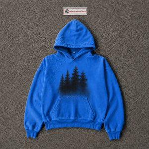 Sudadera con Capucha Azul Extra Grande Personalizada con Gráfico de Árbol del Bosque Negro, Estilo Vintage Desgastado, Sudadera Urbana para Hombre en Oferta - Product Image 5