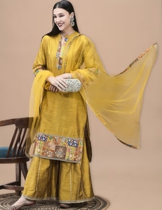 KV Women's Poly <b>Silk</b> Jacquard Mustard <b>Kurta</b> Sharara Dupatta - Product Image 1
