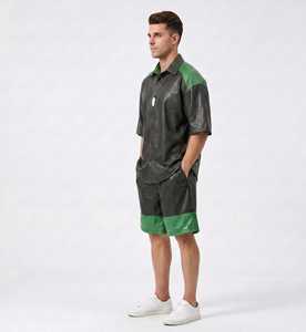 เสื้อเชิ้ตแขนสั้นลายหนังสีดำเขียวสำหรับผู้ชายพร้อมกางเกงขาสั้นชุดสตรีทแวร์ฤดูร้อนชุดโพลีเอสเตอร์ทรงหลวม - Product Image 3