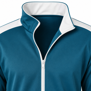 Blouson de sport bleu pour homme avec empiècements blancs, fermeture éclair, col montant, en polyester respirant, idéal pour l'automne - Product Image 6