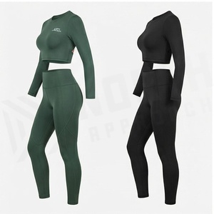 North Approach 2 Piece Yoga Set Solid Color Full Length High Waist Seamless <b>Crop</b> Top <b>Leggings</b> Women's Sportswear - Product Image 3