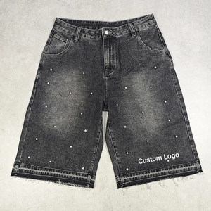 Shorts en jean vintage décontractés pour homme, taille mi-haute, coupe droite, 100 % coton respirant, séchage rapide, ourlet brut, délavage vintage - Product Image 1