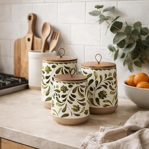 <b>Decorative</b> Ceramic Canister Set Wooden <b>Lid</b> Botanical Print Airtight Kitchen Storage Jars Elegant Counter Organizer - Product Image 2