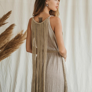 Vestido Maxi Bohemio Beige para Mujer, Vestido de Verano para Festival, Vestido Largo de Algodón Crudo con Flecos y Macramé Estilo Western - Product Image 1