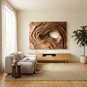 Art mural en bois organique moderne, sculpture abstraite en bois, décoration murale Japandi, art en relief minimaliste en bois, décoration murale contemporaine - Product Image 1