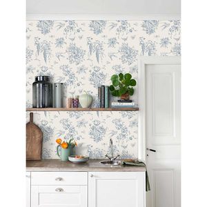 Carta da Parati Floreale Vintage Bianco Crema 43x300 cm, Carta Adesiva Floreale Blu 43x300 cm, Carta da Parati Blu Adesiva - Product Image 4