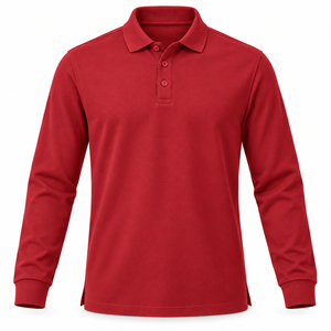 <b>Men's</b> Long Sleeve <b>Polo</b> <b>Shirt</b> <b>Red</b> Solid Color Button Collar Casual Top 100% Cotton jersey 220 GSM - Product Image 1