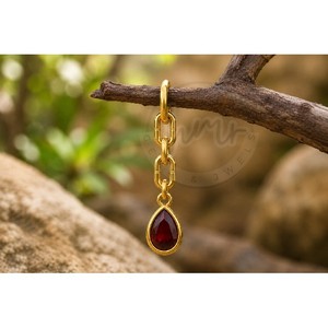 Boucles d'oreilles pendantes de luxe plaquées or avec grenat hydro pour femme, en forme de poire, avec chaîne et pierres précieuses, bijoux en laiton faits à la main - Product Image 1