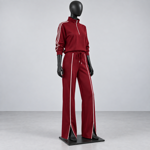Conjunto Deportivo de 2 Piezas para Mujer, Color Rojo, Top con Cierre de Cremallera y Cuello Alto, Pantalones Anchos con Rayas en Contraste, Estilo Casual - Product Image 4