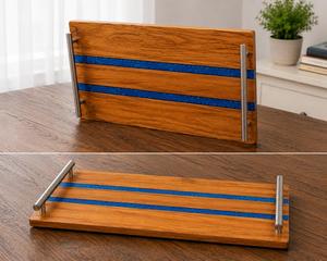Magnifique plateau de service rectangulaire en bois pour la maison, avec incrustation en résine bleue, finition vernie, design minimaliste, pour la rangement de vaisselle >501ml - Product Image 5