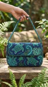 Bolso Rectangular Lavable de Poliéster Bordado a Mano con Diseño de Tortuga y Coral, Arte Textil Azul - Product Image 1