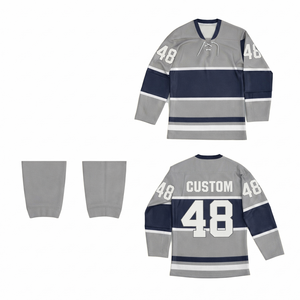 Maillot de hockey sur glace gris sublimé personnalisé, vente en gros, séchage rapide, respirant, maille, col en V, manches longues, vêtements pour adultes, vêtements de sport - Product Image 1