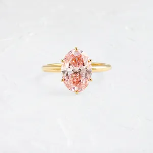 Bague solitaire en or jaune avec diamant rose taille ovale, bague de fiançailles minimaliste pour femme, bague de promesse classique de luxe, cadeau pour elle - Product Image 1