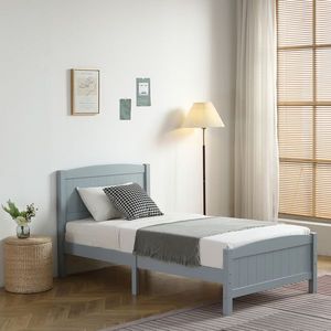 Testata letto curva in legno grigio Twin Pine a strato singolo con righe verticali e base completa, con piede singolo abbinato - Product Image 5