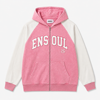 Hoodie zippé vintage personnalisé en molleton délavé avec logo appliqué sur le devant, color block, unisexe, style streetwear, en French Terry