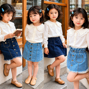 กระโปรงเด็กผู้หญิงพร้อมส่ง ล็อตสต็อกส่วนเกิน กระโปรงเดนิมจีบผ้าฝ้ายสำหรับเด็ก ขายส่งราคาถูก เสื้อผ้าเด็กลดล้างสต็อก - Product Image 1