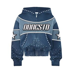 Custom Rhinestone Streetwear Hoodie Heavyweight French Terry Vintage Boxy <b>Cropped</b> <b>Zip</b> <b>Up</b> Hoodie High Quality OEM Wholesale - Product Image 6