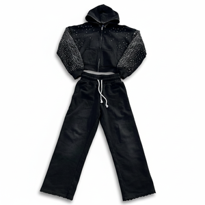 ชุดวอร์มคุณภาพสูงแบบกำหนดเองจากผู้ผลิต กางเกงวอร์มและเสื้อฮู้ดประดับเพชร ชุดวอร์มผ้าฟลีซซิปแบบวินเทจล้างสีสไตล์แอซิดวอช - Product Image 5