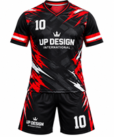 Ensemble de maillots et shorts de football personnalisés pour hommes, uniforme de football imprimé par sublimation, noir et rouge, vêtements de sport d'équipe, logo personnalisé, vente en gros