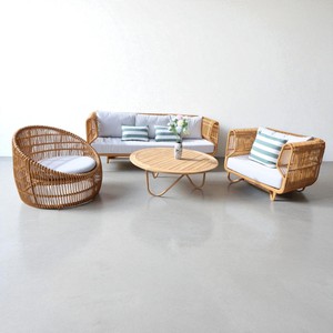 Modern Outdoor Poly Rattan <b>Sofa</b> Set with Bamboo Fiber and Aluminum Frame, Patio <b>Garden</b> Furniture with <b>Cushions</b> and Coffee Table - Product Image 1