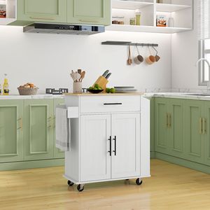 Carrello da Cucina Bianco con Prese Elettriche a Isola Girevole, Cassetti e Ante, Stoccaggio Versatile, Design Moderno, Portatile, in Legno - Product Image 2