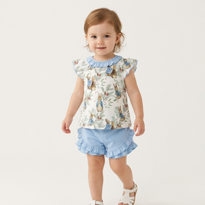Girls Cotton Ruffle Top & Shorts Set Character Print Sleeveless Breathable Blue White made in Bangladesh manufactures - Product Image 1