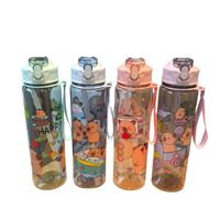 Bouteille d'eau en plastique avec paille pour enfants, motif capybara mignon, avec cordon, portable, pour étudiants et activités de plein air