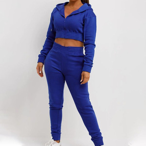 Women's Royal Blue Hooded Tracksuit Set Full Sleeve Zipper Front <b>Crop</b> <b>Top</b> With Side Pockets Casual Autumn Wear Solid Color - Product Image 3