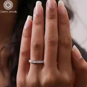 Charm <b>Silver</b> & 18K Gold Plated Cushion Cut Moissanite Engagement <b>Eternity</b> Band <b>Ring</b> with Prong Setting for Women's Classic Style - Product Image 4