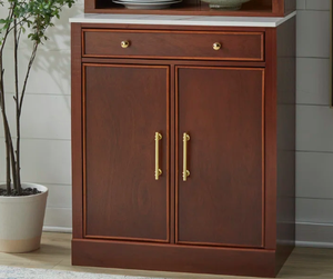 Meuble console de cuisine de luxe personnalisé avec plateau en faux marbre, buffet bar à vin en bois foncé, coffre de rangement pour salon et salle à manger - Product Image 1