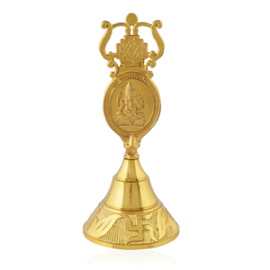 Shiny brass prayer hand bell featuring a Lord Ganesha medallion finial, available at wholesale prices. - Product Image 1