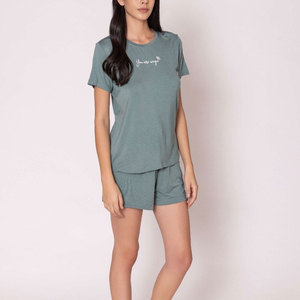 Conjunto de 2 Piezas de Shorts de Punto para Mujer, Manga Corta, Cuello Redondo, Corte Regular, Transpirable, Casual, para Todas las Temporadas, Verde Sólido, Estilo Urbano - Product Image 4
