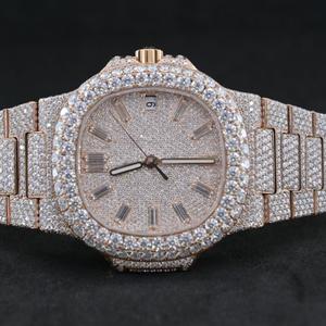 Montre carrée en verre antique faite à la main, entièrement sertie de diamants Moissanite VVS taille baguette, en acier inoxydable 20 mm, montre de mode et d'affaires - Product Image 1