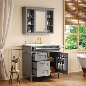 Mobile Bagno Moderno da 36 Pollici con Armadietto Portamedicinali, 2 Ante con Chiusura Ammortizzata, 4 Cassetti, Lavabo Singolo - Product Image 2