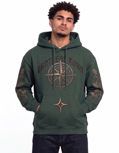 Sweat à capuche épais personnalisé pour homme, bleu marine, avec imprimé graphique texte orange, broderie feuille d'arbre cyan sur la manche, style streetwear, en polaire - Product Image 2