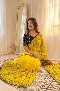 Yellow Silk Saree With Black Embroidery And Sequins Blouse For Women Traditional Indian Wedding Wear - Product Image 2