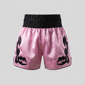 Custom Pink Satin <b>Men</b> Women Muay Thai Shorts Black Applique Patches Kickboxing <b>Trunks</b> Wholesale Custom Logo MMA Fighting Shorts - Product Image 1
