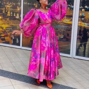 Elegant Plus Size Women's Casual <b>Maxi</b> <b>Dresses</b> Floral Print <b>Chiffon</b> Puff Sleeve V-neck Ankle Length Natural Waist Front Loose Fit - Product Image 5