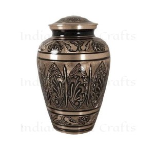 Indian Home Crafts Metal Cremation Urn Handmade Engraved Gold 220 Cubic Inch Customizable Round Tabletop <b>Memorial</b> <b>Vase</b> for Adult - Product Image 2