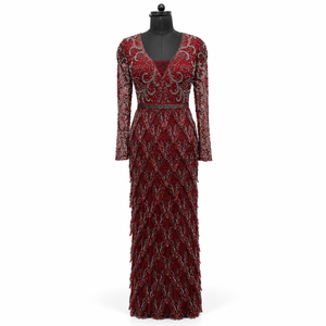 Robe de soirée ornée de paillettes |   Robe de soirée longue à manches longues et col en V avec dos ouvert, longueur au sol, pour fêtes, mariages et événements élégants - Product Image 1