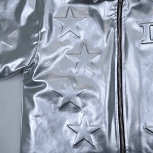 Premium Quality Custom Men's <b>Silver</b> PU Bomber <b>Jacket</b> Star Embossed Zipper Front Streetwear Short Sleeve Turn-down Collar <b>Jackets</b> - Product Image 5