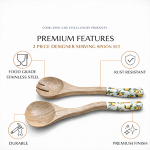 Premium Acacia Wood Salad Server <b>Set</b> – <b>2</b> <b>Piece</b> Designer Serving Spoon <b>Set</b> with <b>White</b> Enamel Coating & Lemon Print - Product Image 4